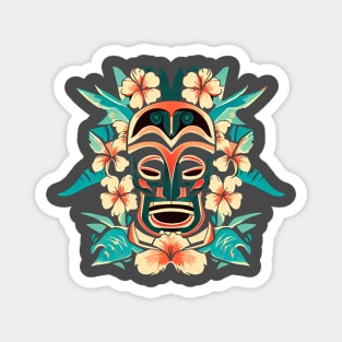 A graphic inspired by Polynesian tiki culture, featuring tiki masks, hibiscus flowers, and tropical motifs. Magnet