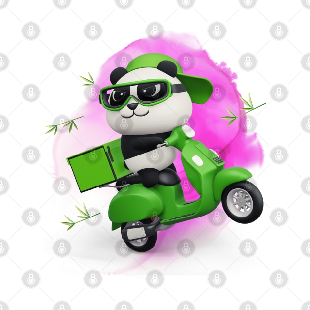 Cute Panda Riding Green Scooter - Adorable Panda - Kawaii Panda by Suga Collection