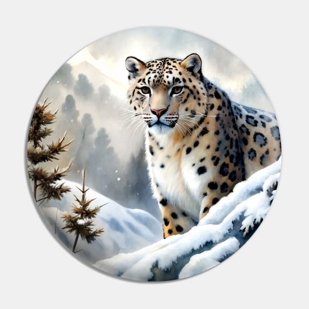 Funny A Proud Snow Leopard Went Hunting, in the Snowy forest, Hight Mountains, Snow Falling, Winter Landscape, Wildlife White Panthera, Watercolor Pin by sofiartmedia