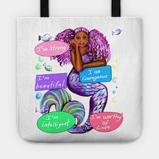 African American mermaid with positive daily affirmation quotes,motivational inspirational Tote