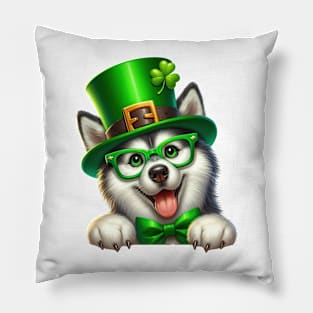 St Patricks Day Peeking Siberian Husky Dog Pillow
