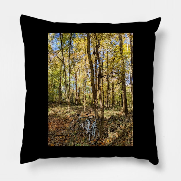 Bikes in a forest Pillow by E-ShirtsEtc