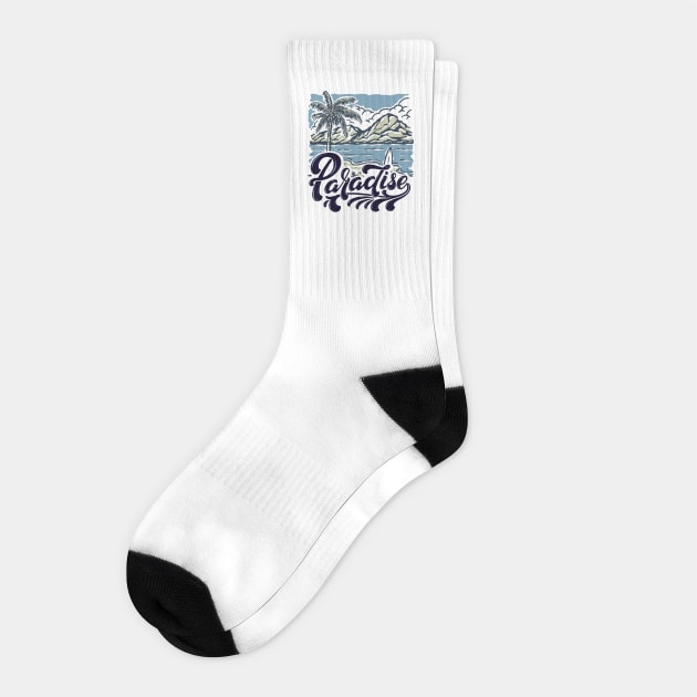 Beach Tropical Paradise Surfing Mountains Palm Tree Landscape Design Socks by Joaddo