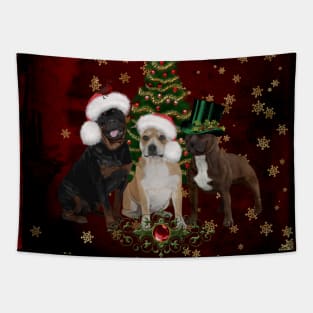 Christmas time, funny Staffordshire Bull Terrier and Rottweiler with christmas hat Tapestry