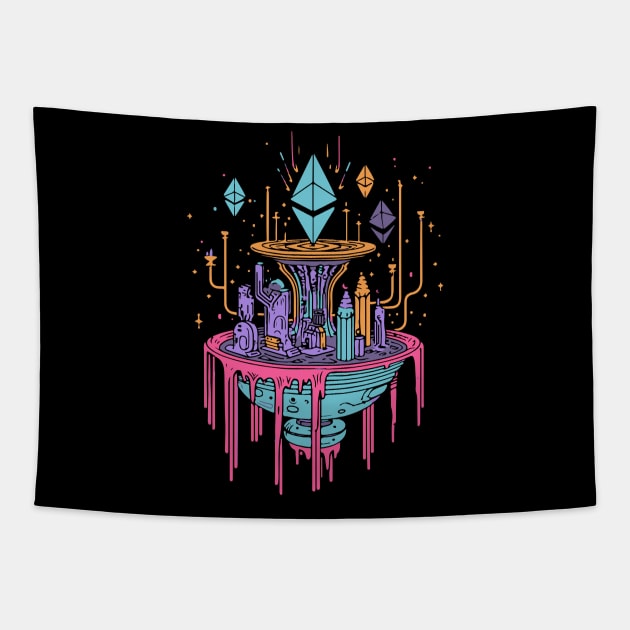 Retro futuistic ethereum fountain Tapestry by DragonDream