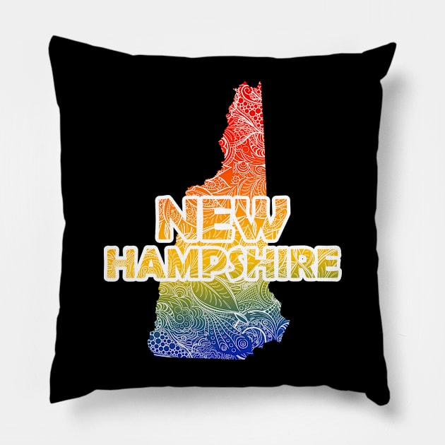 Colorful mandala art map of New Hampshire with text in blue, yellow, and red Pillow by Happy Citizen