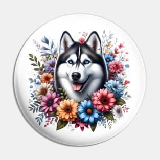 A siberian husky decorated with beautiful colorful flowers. Pin