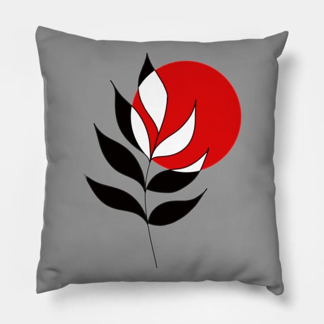 Modern, Minimalist Leaf and Red Circle Pillow by Tenpmcreations