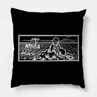 Mermaid by the Shore Watching a Ship Pillow