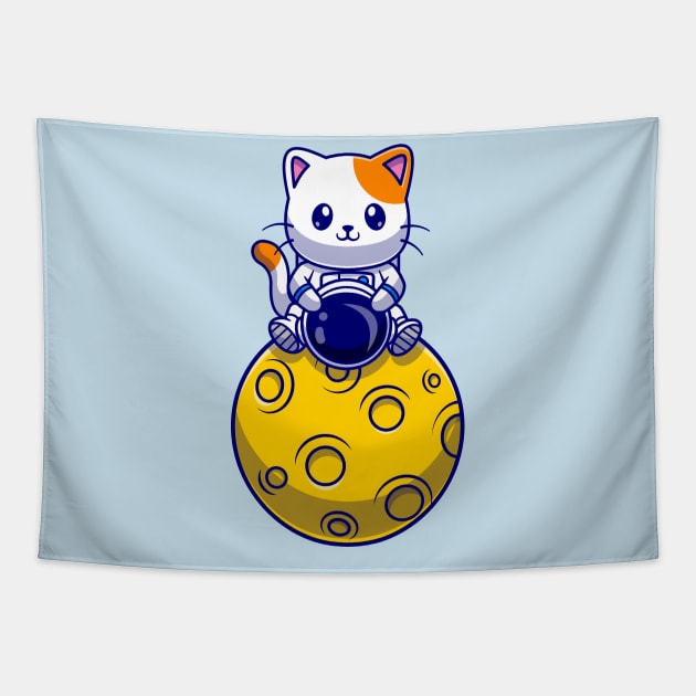 Cute Astronaut Cat Sitting On Moon Cartoon Tapestry by Catalyst Labs