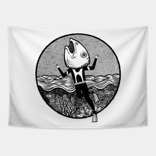 Fish Head Sea Diver Tapestry