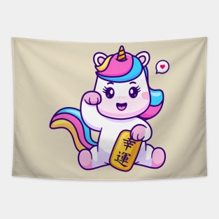 Cute Lucky Unicorn Holding Gold Coin Cartoon Tapestry