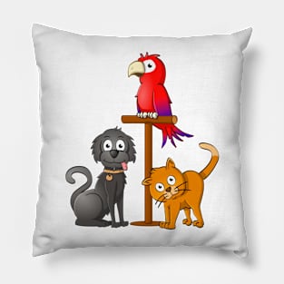 black dog, orange cat and red parrot Pillow