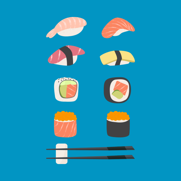 Set of different sushi types and chopsticks - japanese food by TinyFlowerArt