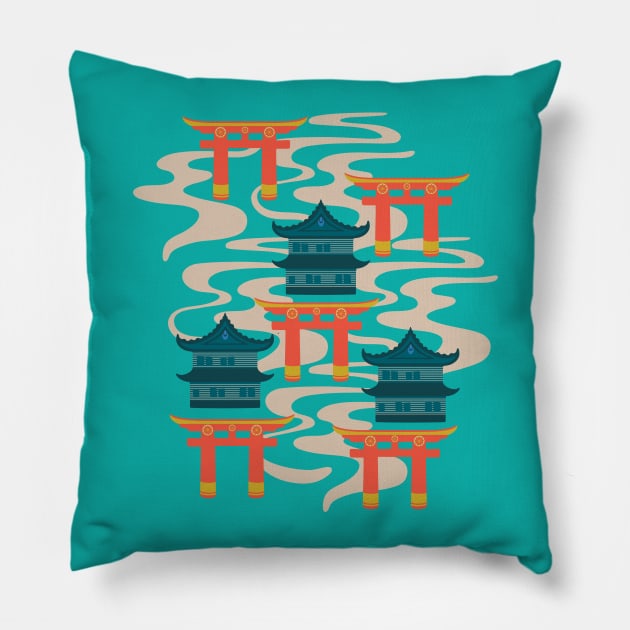 EDO Traditional Japanese Castles and Oriental Japan Torii Gates with Flowing River in Rainbow Palette Turquoise Orange Teal Yellow - UnBlink Studio by Jackie Tahara Pillow by UnBlink Studio by Jackie Tahara