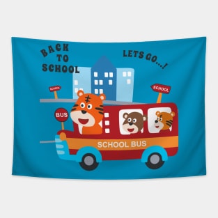 School bus cartoon. Cute animal in school bus. Tapestry