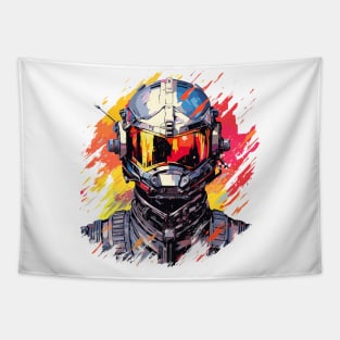 Man With Helmet Video Game Character Futuristic Warrior Portrait  Abstract Tapestry