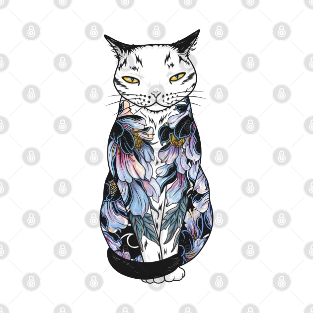 Cat in cosmic black peonies tattoo by runcatrun