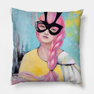 Woman in Mask. Pink and Black Pillow