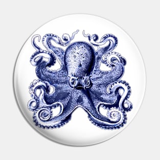 Octopus in Indigo Blue, Vintage Illustration Pin