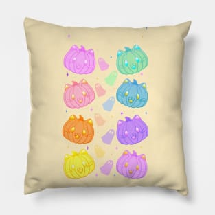 Pastel Kawaii Halloween Pumpkin Kitty with Ghosts Design Pillow