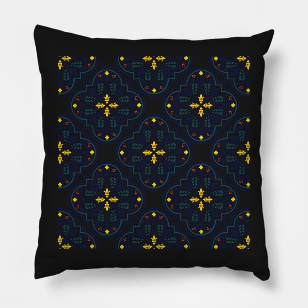 Blue Portuguese tile pattern on black Pillow by SamridhiVerma18