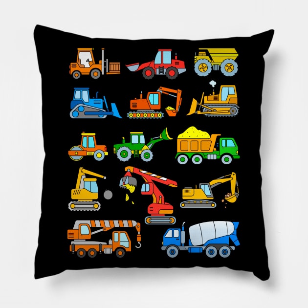 Excavator Dump Truck Dozer Concrete Mixer Construction Vehicles Pillow by samshirts