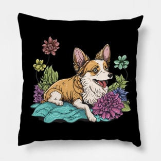 Cute Corgi Dog with Flowers in Summer Time Pillow