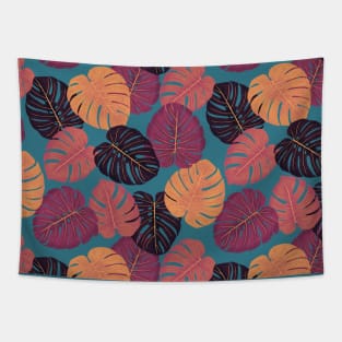 Vibrant Modern Monstera Leaves Pattern on teal background Tapestry