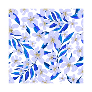 Citrus Flowers and Tropical Leaves - Blue, Gold Embellished T-Shirt