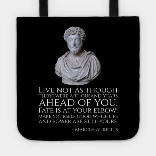 Live not as though there were a thousand years ahead of you. Fate is at your elbow; make yourself good while life and power are still yours. - Marcus Aurelius Tote