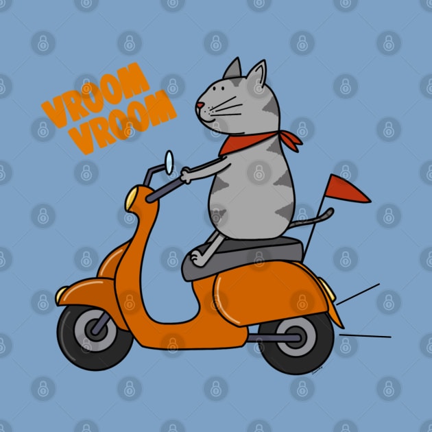 Grey cat on a scooter by Coconut Moe Illustrations