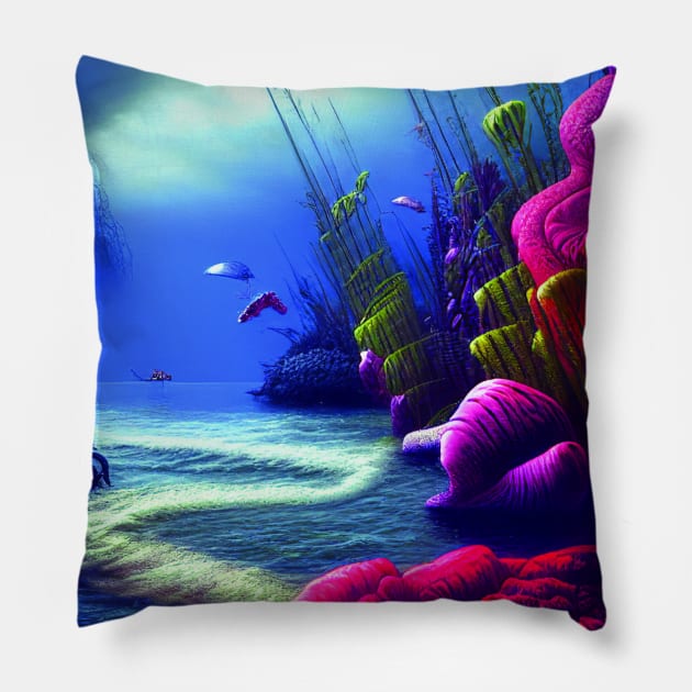 Magical Under Sea Lanscape Painting Pillow by Promen Art