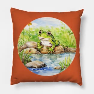 Frog Pond Aesthetic Cottagecore Frogcore Vintage Watercolor Pillow