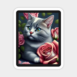 British Shorthair Kitten With Roses Magnet