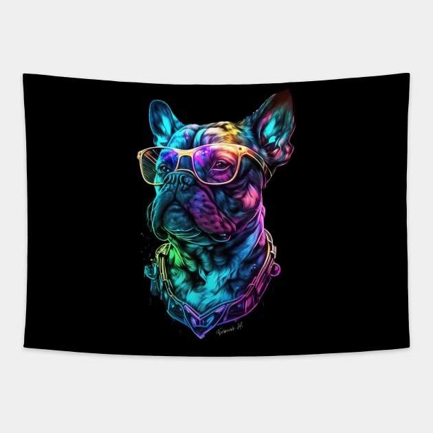 Colorful English Bulldog whit Glasses Neon Colors 90s Tapestry by Farbrausch Art