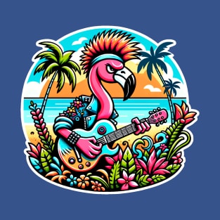 Rockstar Flamingo in Tropical Paradise - Punk Music Vibes T-Shirt