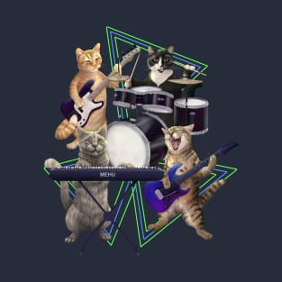 Cat band. Rock and Roll Kitties on Guitar, Bass, Drums, and keyboard. T-Shirt