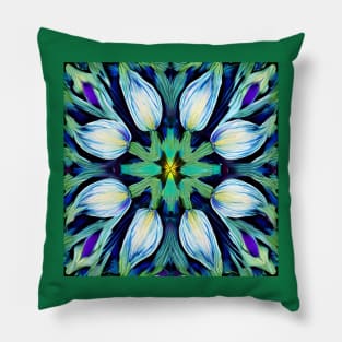 Folk Art Blue Green White Tulips Repeating Tile Pattern Pillow