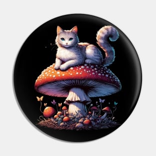 Funny Vintage White Cat in Mushroom Garden Pin