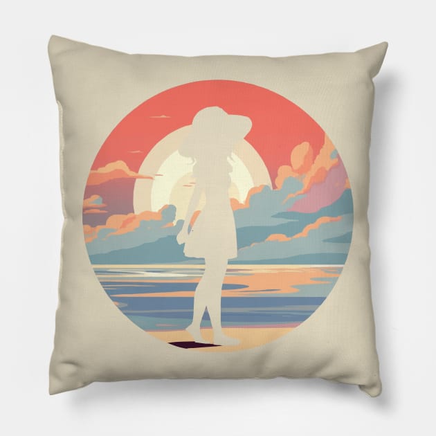 Girl walking on the shore Pillow by Ceiko