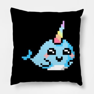 Pixel Art Cartoon Narwhal with Rainbow Pastel Horn Pillow