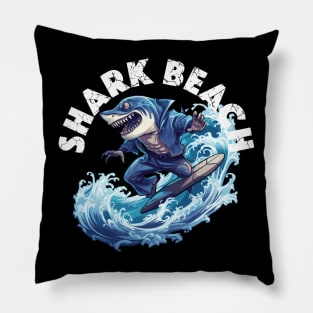 Shark Surfing - Shark Beach (White Lettering) Pillow