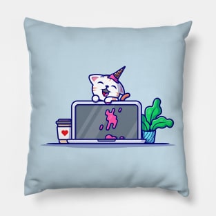 Cat With Laptop Cartoon Vector Icon Illustration Pillow