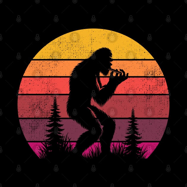 Bigfoot Sasquatch Playing The Harmonica Vintage Sunset Music Lover by Cuteness Klub