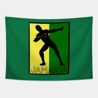 Jamaica sprinter pose with the Jamaican flag colours of black green and gold with the word Jamaica Tapestry