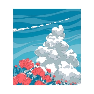 The blue sky, summer clouds and the red flowers T-Shirt