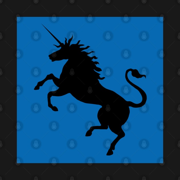 Black Coloured Rearing Scottish Unicorn On Saltire Blue Background by MacPean