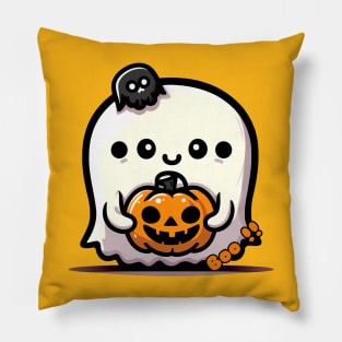 Cute Halloween Ghost with a Pumpkin Pillow