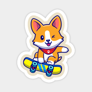 Cute Corgi Dog Playing Skateboard Cartoon Magnet